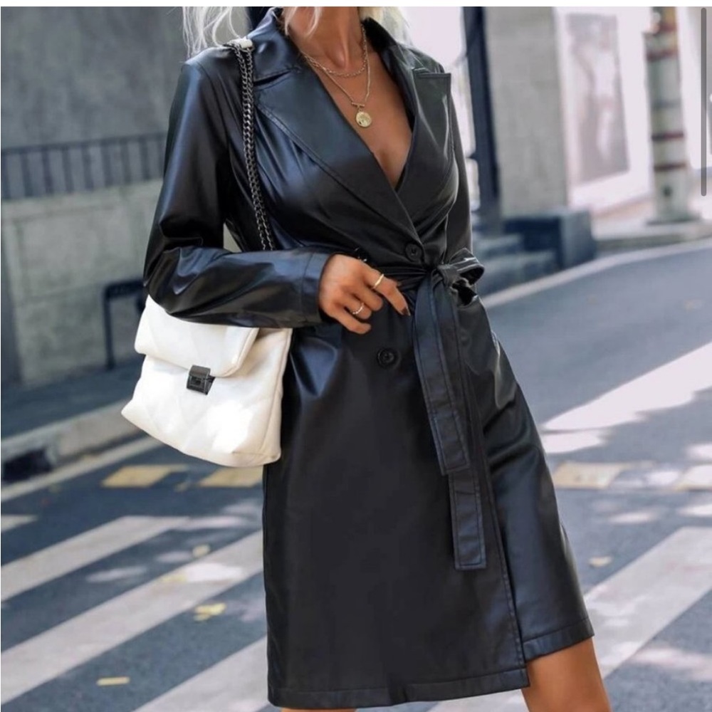 Lapel Neck Double Breasted Faux Leather Belted Trench Minimalist coat